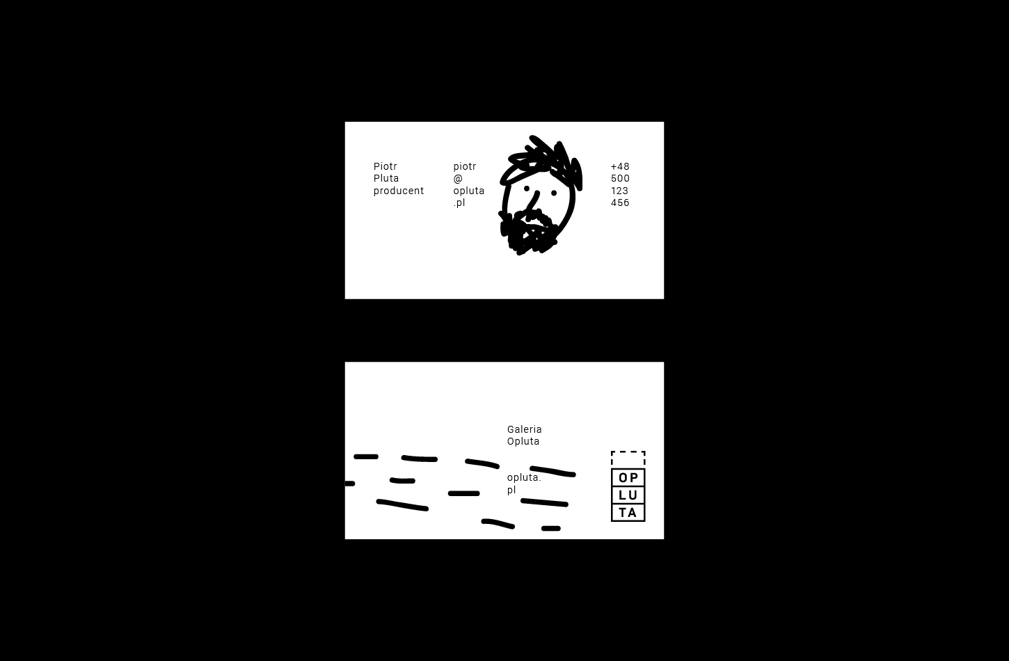 A black-and-white business card on the black background.