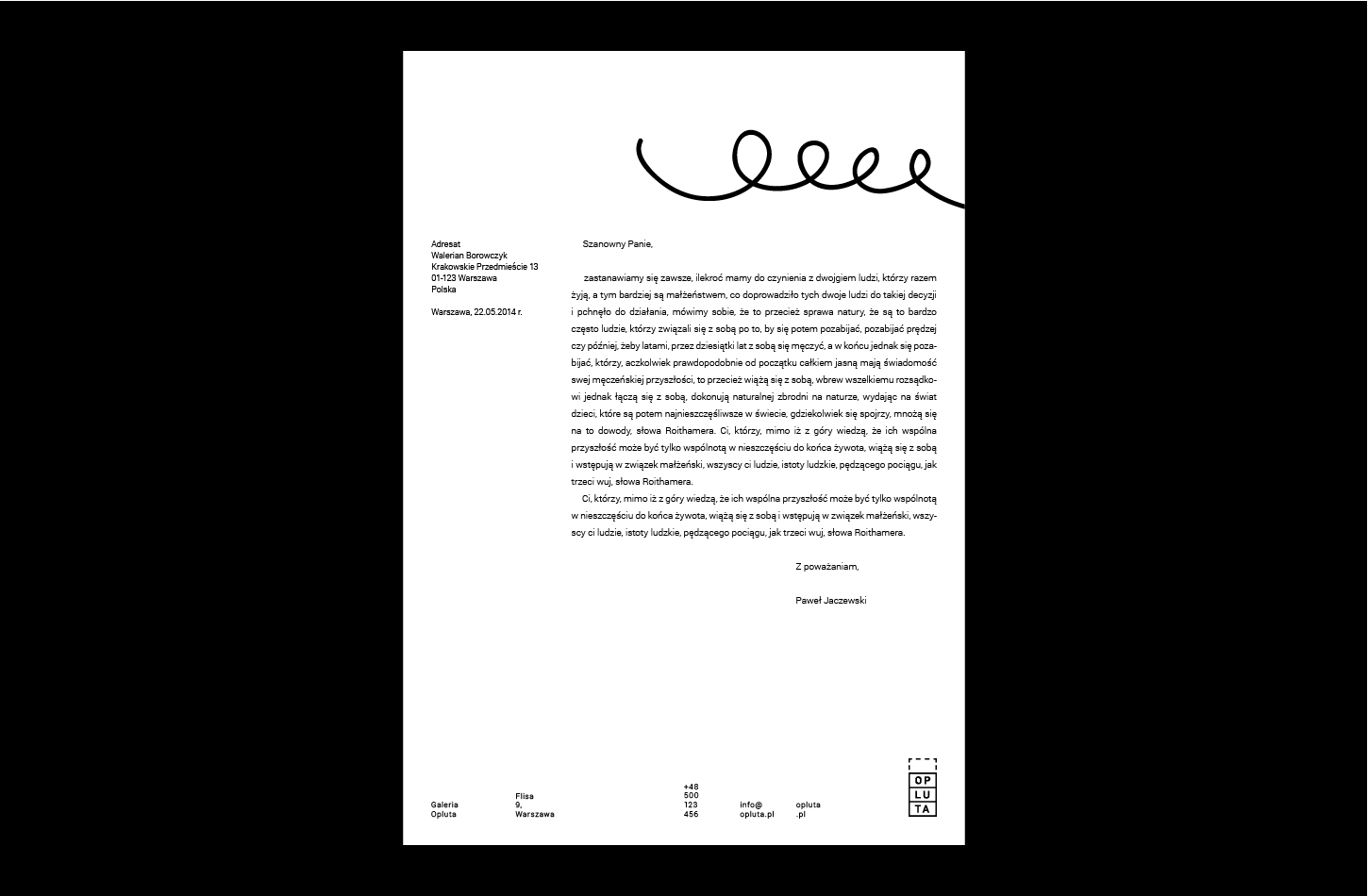 A black-and-white letterhead paper on the black background.