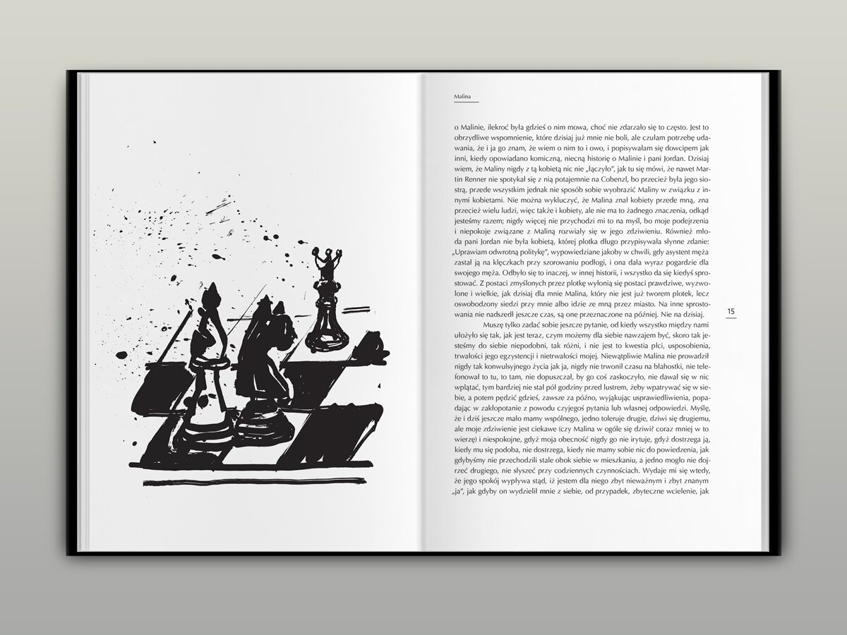 A book spread with a black-and-white illustration of a chessboard.